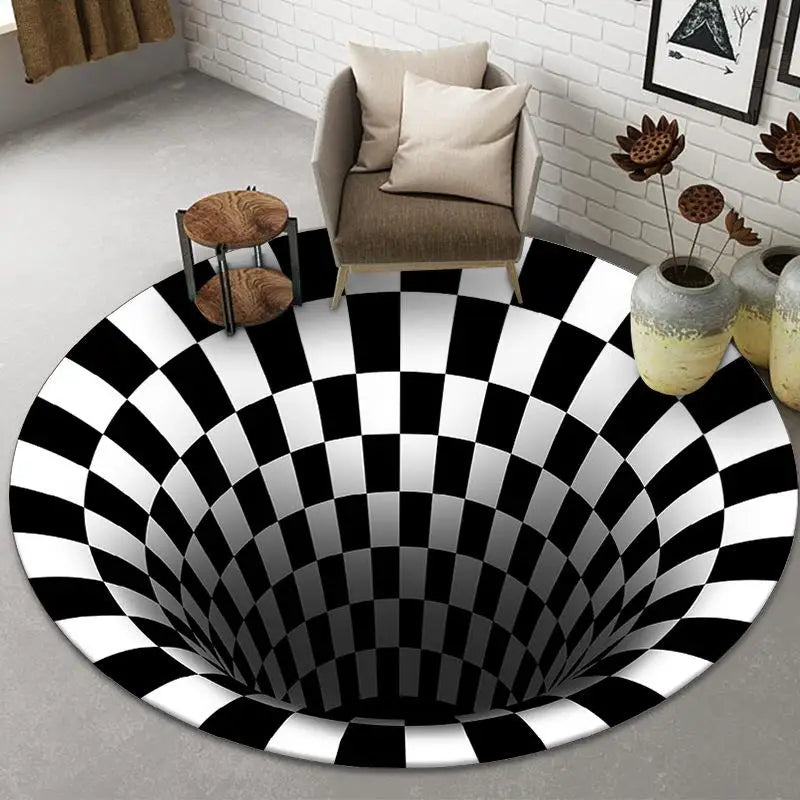 3D Round Carpets for Living Room Simple Black&White 3D Stereo Vision Carpet Area Rugs Geometric Anti-Skid Home Bedroom Floor Mat
