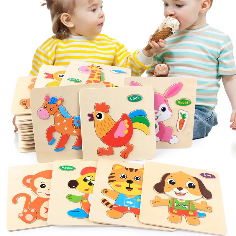15x15cm Baby Wood Jigsaw Puzzle Board Game Cartoon Animal 3d Puzzle Montessori Educational Learning Wooden Toys for Children