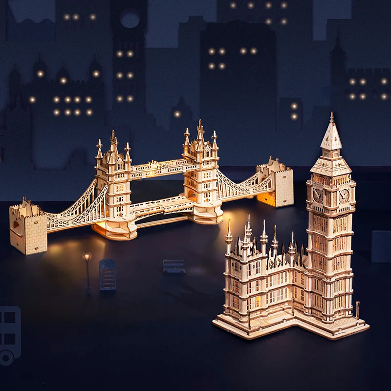 Robotime Rolife DIY 3D Tower Bridge Big Ben Famous Building Wooden Puzzle Game Easy Assembly Toy Gift for Children Teen Adult