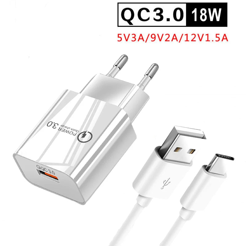 18W Quick Charge 3.0 USB Phone Charger For Samsung M32 M12 M21 A22 A32 A52 A72 A12 5G Wall Charger + Type-C USB Charging Cable