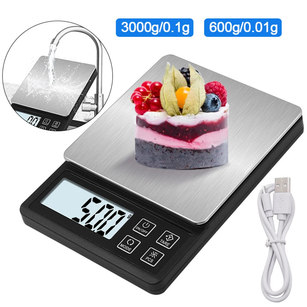 Portable Stainless Steel Electronic Kitchen Food Jewelry Weighing Scale LCD Digital Scales USB charging 600g~3kg/0.1g 0.01g
