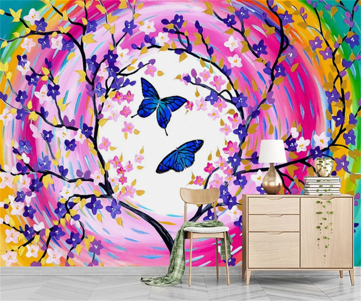 New Chinese style abstract tree butterfly studio background decoration wall stickers custom children's room wallpaper mural
