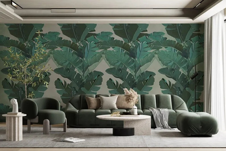 Customizable Tropical Banana Leaves Wallpaper, Green Banana Tree Bedroom, Living Room Modern, Removable Mural, Big Leafs Self Ad