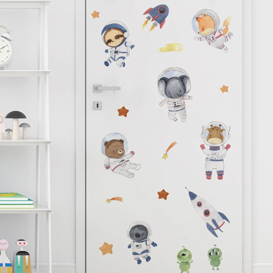 Cartoon Space Animal Astronaut Wall Stickers Rocket Wall Decals Art Murals for Children Bedroom Nursery Baby Room Home Decor