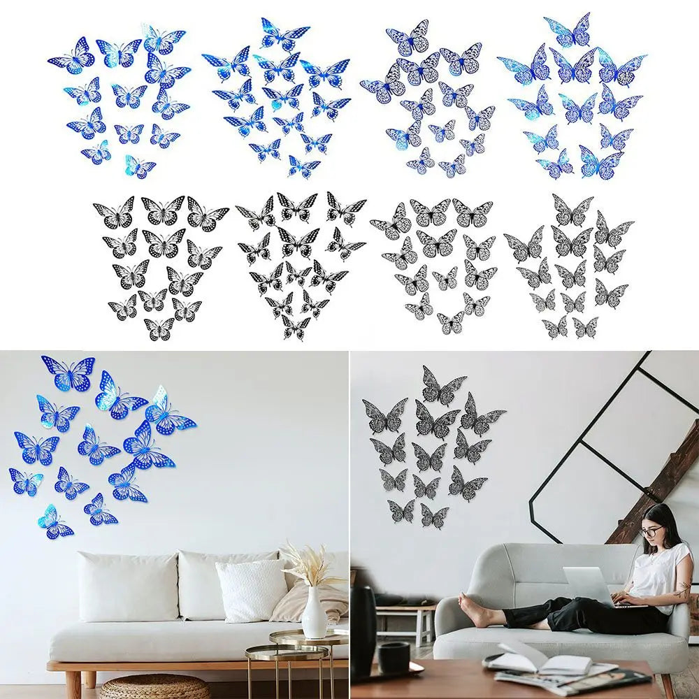12pcs DIY Blue Black Bedroom Wedding Ornament Butterfly Sticker 3D Hollow Wall Sticker Home Decoration