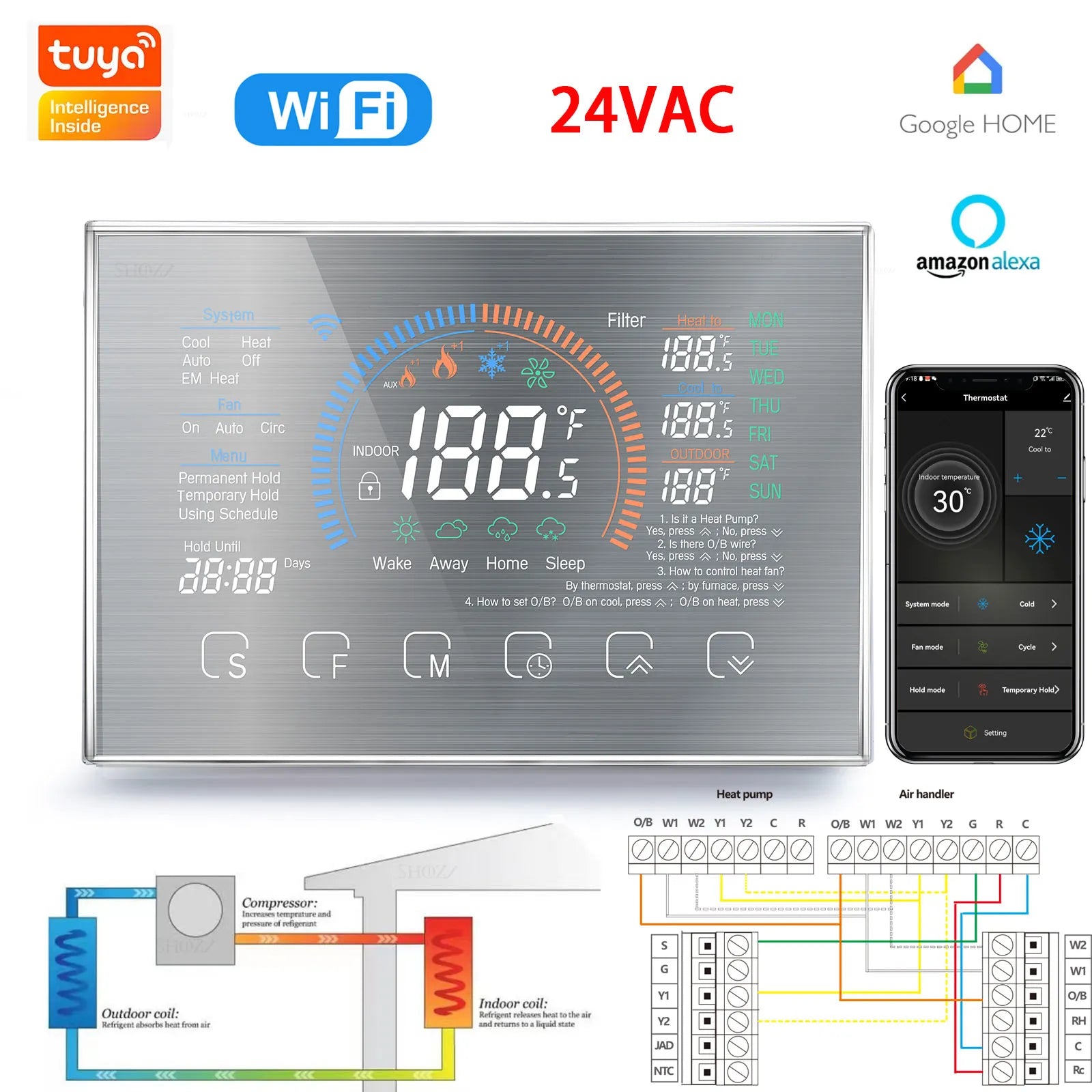 TUYA 24VAC Heat Pump WIFI Thermostat for HVAC System - Compatible with Heat Pump, Boiler, Air Energy, and Radiant Floor Heating