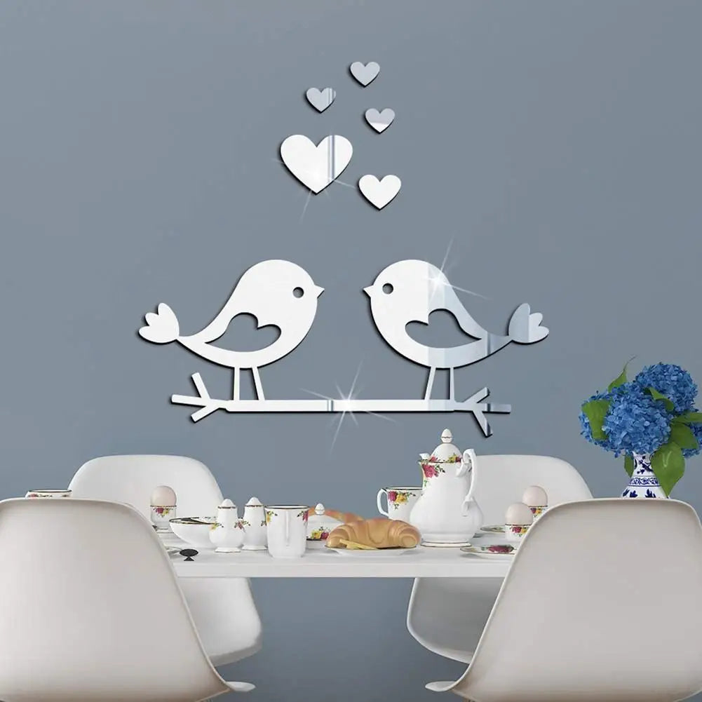 Loving Birds Mirror Wall Sticker Love-shape Acrylic Wall Decals  3D Waterproof Self-adhesive Wall Sticker for DIY Valentine Day