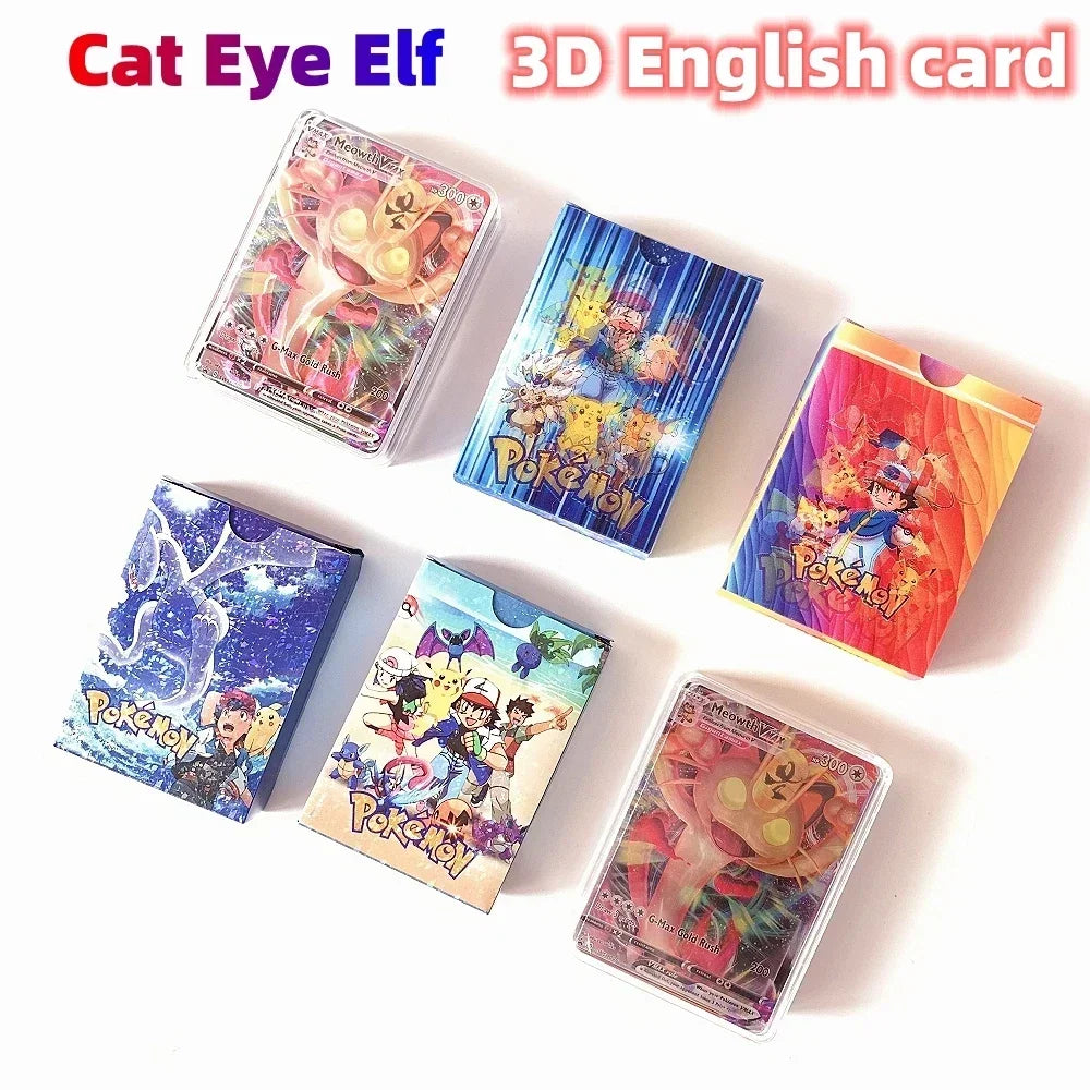3D Pokemon Shining Cat Eye Elf Card English Vmax Gx  Pikachu Trading Game Collection Battle Anniversary Card Christmas Present