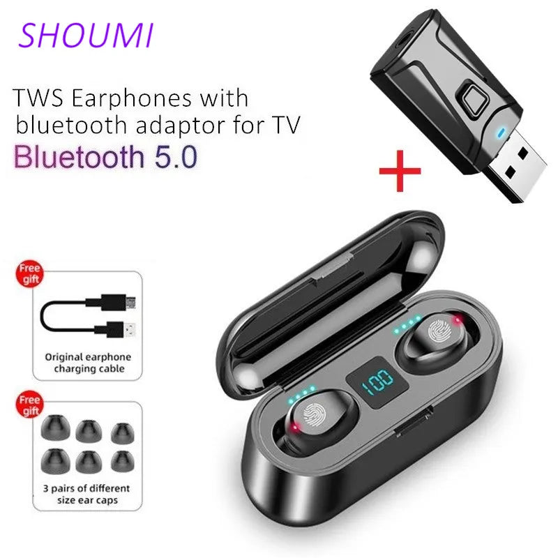 F9-2 Wireless TWS Earphone Bluetooth Earbuds Waterproof Ture TWS Sports Headset Bluetooth TV Adaptor with Mic Use For TV PC Car