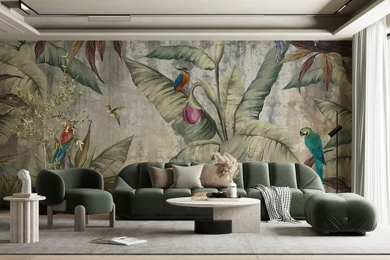 Parrots, Big Banana Leaves Wall Decor, Watercolor Tropical Trees Wallpaper, Stylish Exotic Forest Removable Wall Mural, Peel And