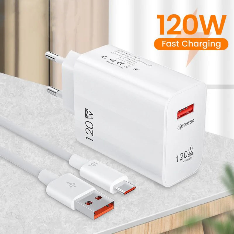 120W USB Charger Fast Charging QC3.0 USB C Cable Type C Cable Mobile Phone Charger For Huawei Samsung Xiaomi POCO Quick Charger