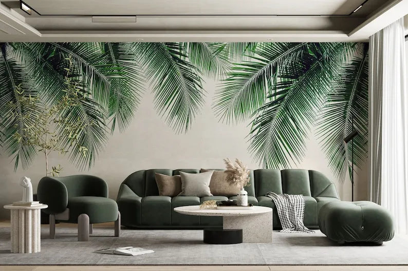 Modern Design Tropical Customizable Self Adhesive Wall Mural. Peel And Stick Living Room Wallpaper, Big Palm Tree Leaves Removab