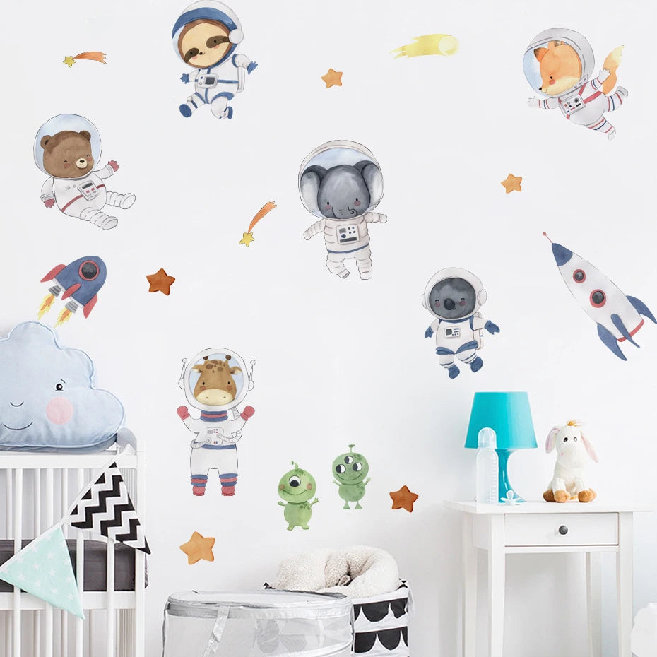Cartoon Space Animal Astronaut Wall Stickers Rocket Wall Decals Art Murals for Children Bedroom Nursery Baby Room Home Decor
