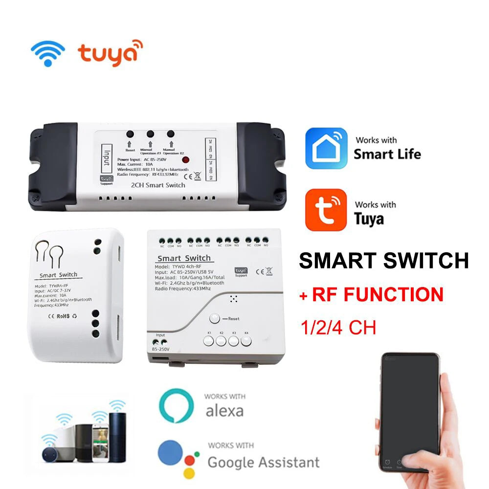 Tuya Smart Remote Control Wireless Wifi Switch Module 1/2/4CH DC 7-32V 5V 12V 24V 220V RF Receiver 10A wifi Relay For Alexa DIY