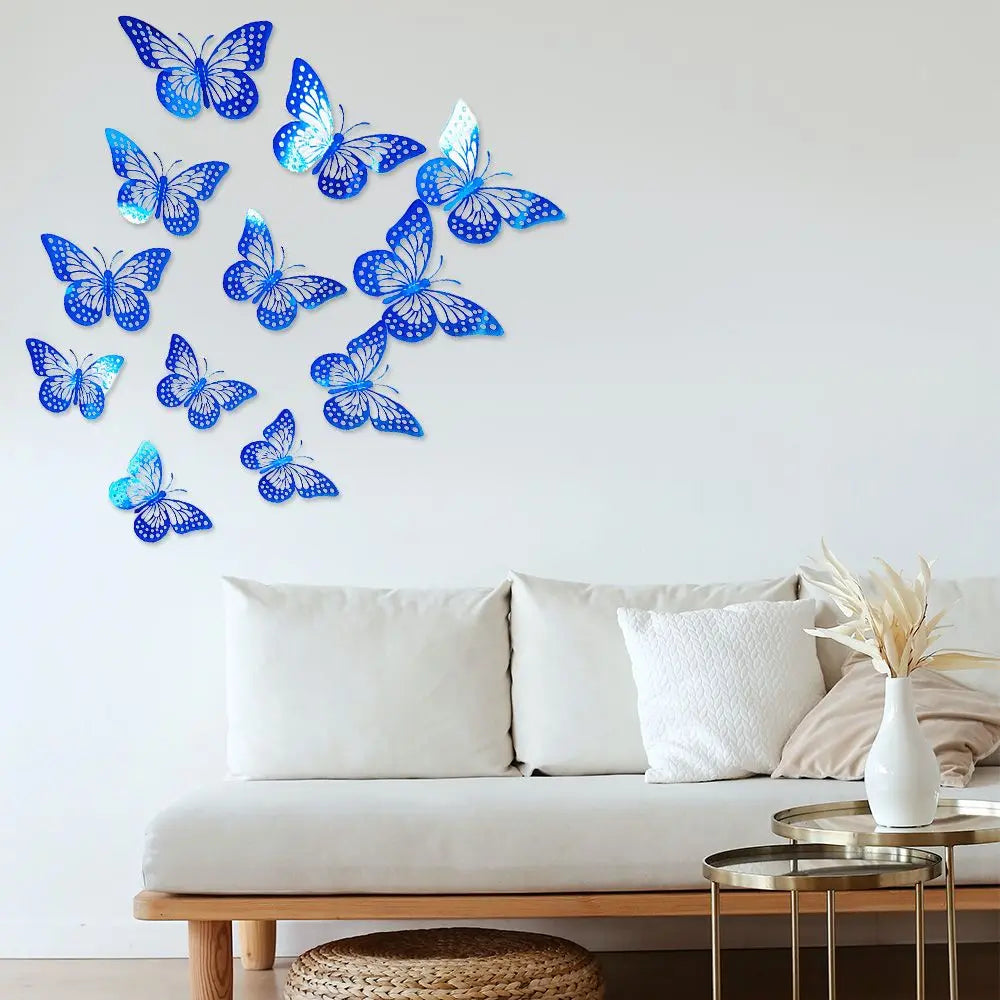 12pcs DIY Blue Black Bedroom Wedding Ornament Butterfly Sticker 3D Hollow Wall Sticker Home Decoration