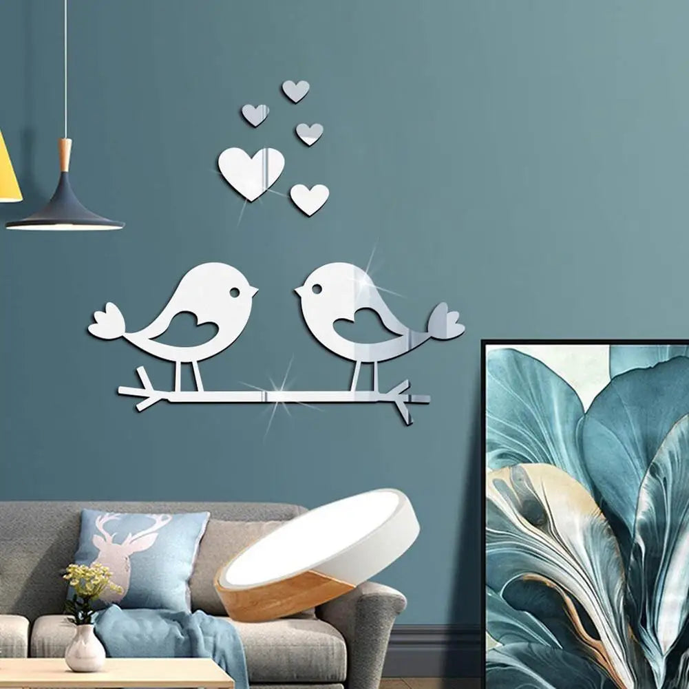 Loving Birds Mirror Wall Sticker Love-shape Acrylic Wall Decals  3D Waterproof Self-adhesive Wall Sticker for DIY Valentine Day