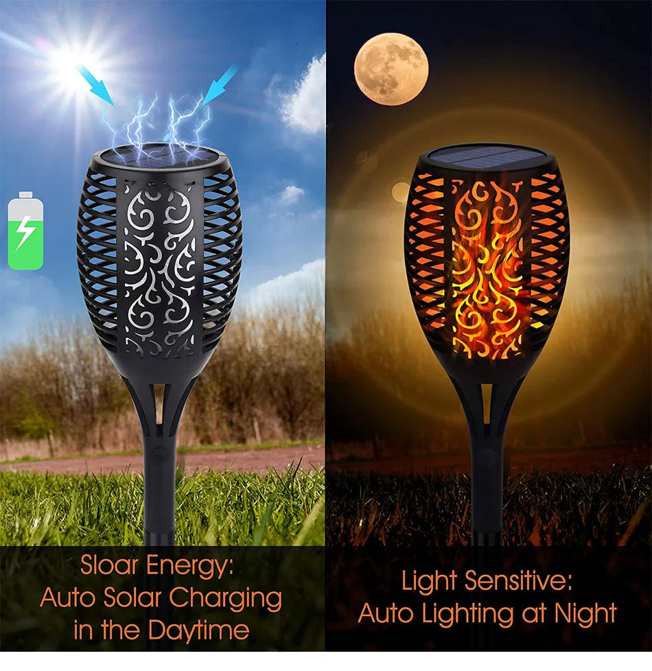 33/96 LED Outdoor Solar Flame Lamp Torch Light Safety Waterproof Light Flicker Lights For Terrace Garden Decor Automatic On Dusk