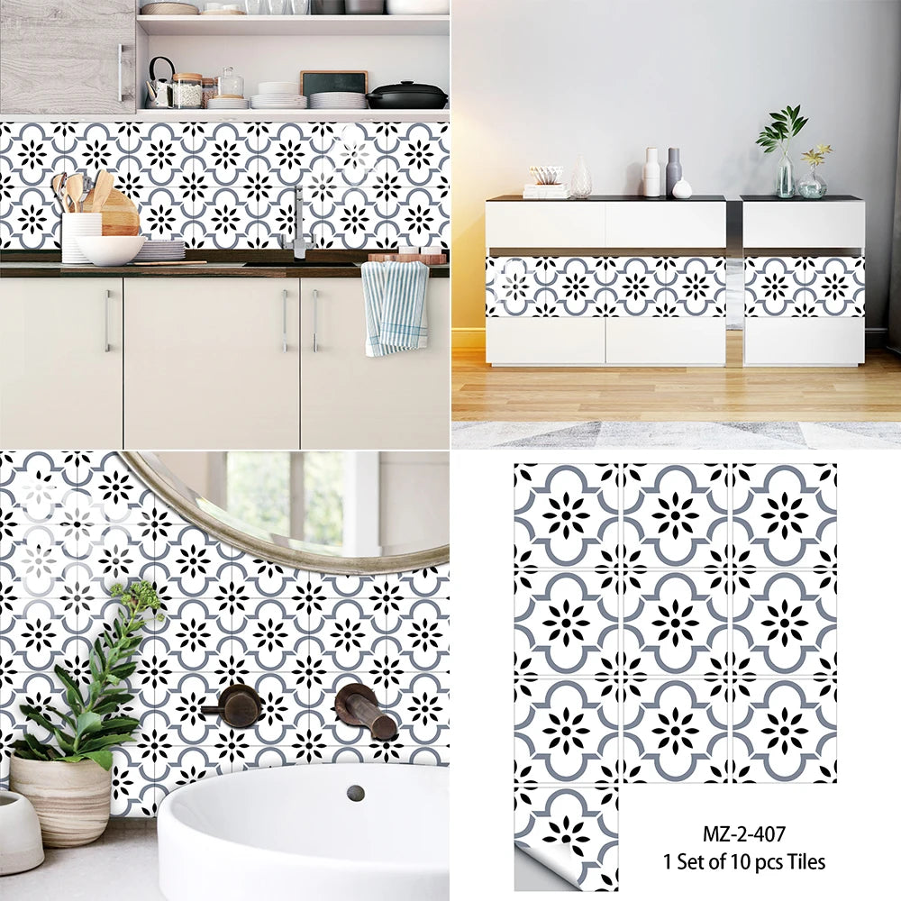 10pcs European Style Tiles Sticker Kitchen Backsplash Oil-proof Bathroom Wardrobe Home Decor Wall Decals Self-adhesive Art Mural